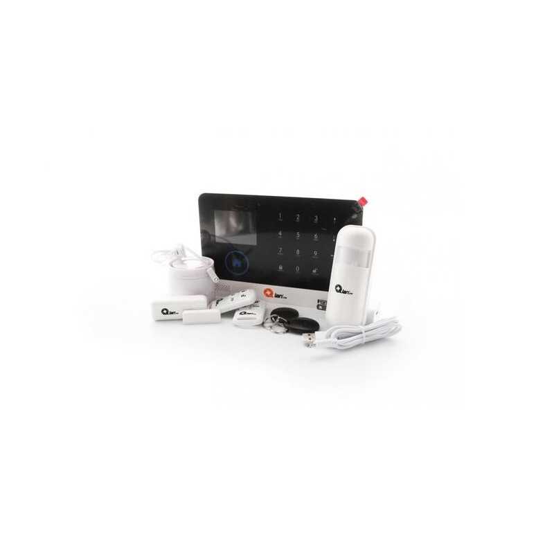 Kit de alarma Qian Jing Bao SS5500. Incluye sensor de Puerta, sirena alámbrica, Sensor PIR, Wi-Fi, tarjeta RFID.