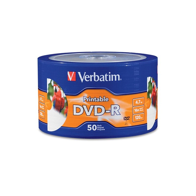 Paquete de 50 DVD-R Verbatim de 4.7 GB/120 min, 16x, imprimibles.