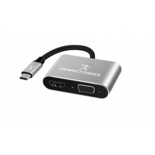 Adaptador Perfect Choice USB C Macho - HDM1/VGA Hembra, Plata/Negro