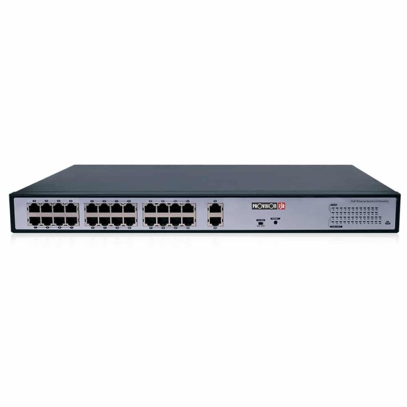 Switch Fast Ethernet con 24 puertos y soporte PoE, diseñado para instalaciones de videovigilancia y redes empresariales.