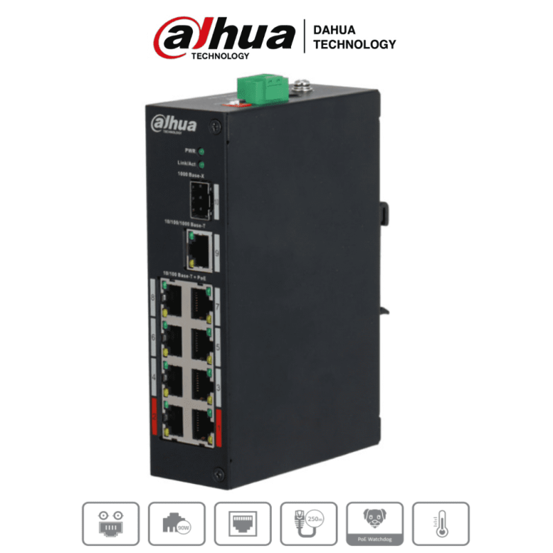 Switch Fast Ethernet Pfs3110-8P-96, 9 Puertos 10/100Mbps (8X Poe) + 1 Puerto Sfp, 7.6 Gbit/S, 8000 Entradas - No Administr DAHUA DAHUA