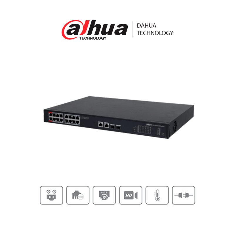 Switch Gigabit Ethernet Pfs3220-16Gt-190, 16 Puertos Poe 10/100/1000 + 2 Puertos Sfp, 52 Gbit/S, 8.000 Entradas - No Admin DAHUA DAHUA