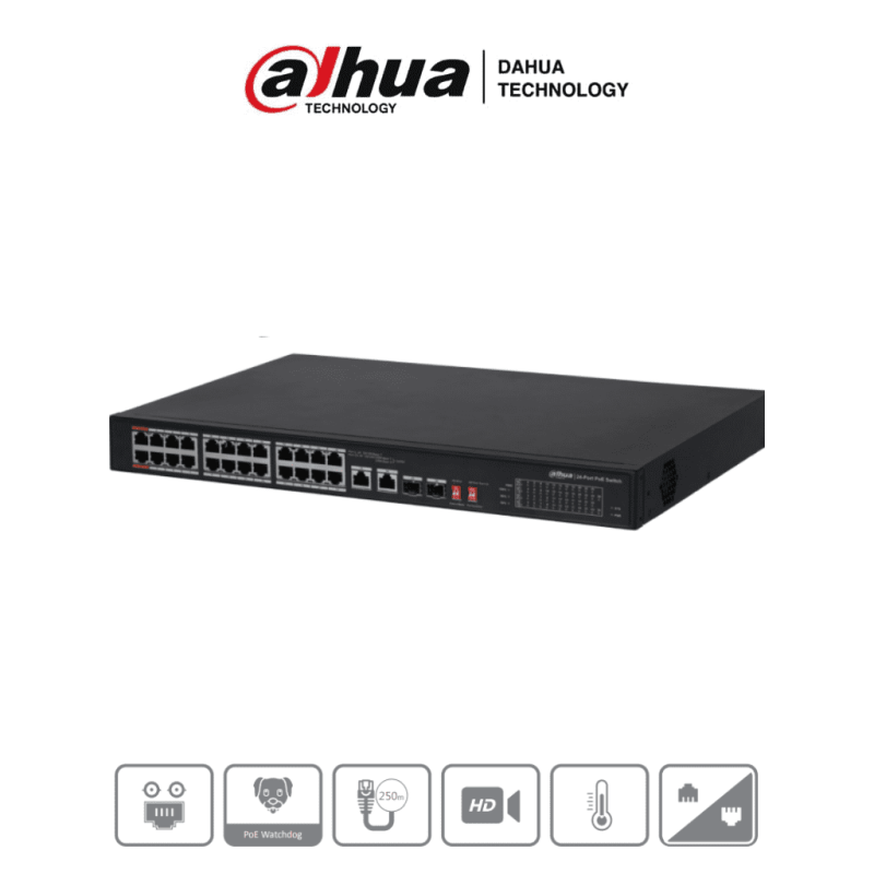 Switch Gigabit Ethernet Dh-Pfs3226-24Et-240, 24 Puertos Poe 10/100/1000Mbps + 2 Puertos Sfp, 8.8 Gbit/S, 8000 Entradas - N DAHUA DAHUA