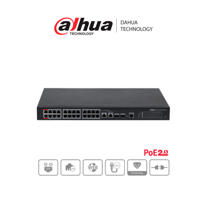 Switch Fast Ethernet Pfs4226-24Et-240, 24 Puertos Poe 10/100Mbps + 2 Puertos Sfp, 8.8 Gbit/S, 4.000 Entradas - Administrab DAHUA DAHUA