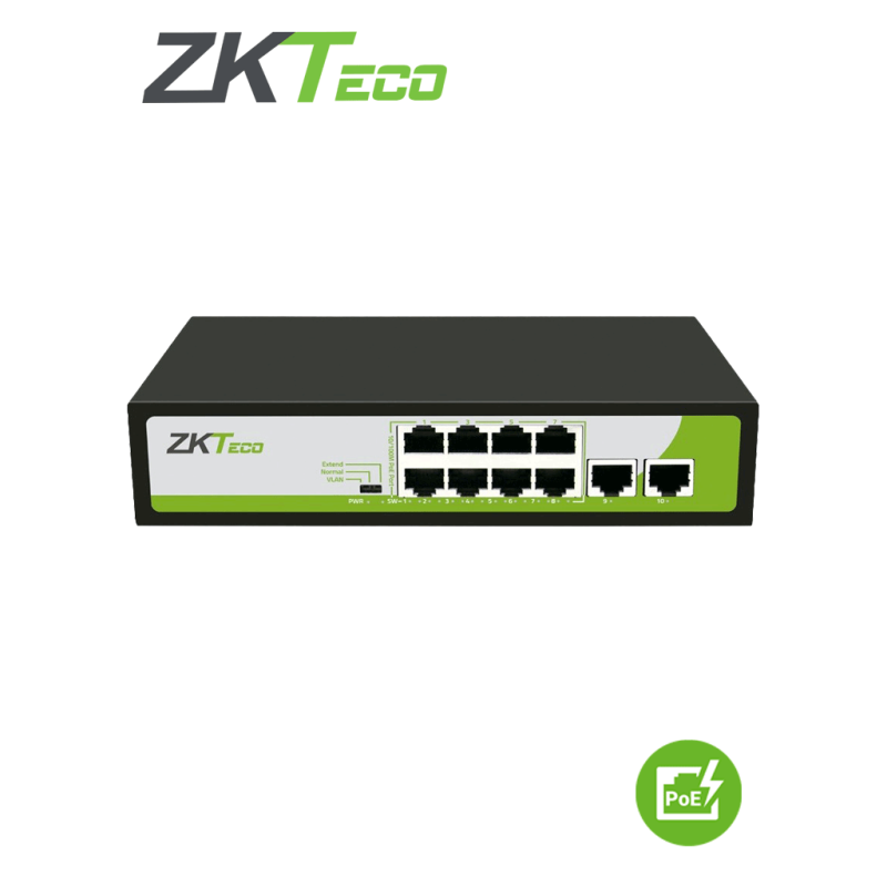 Switch Fast Ethernet Pe082-120-C, 10 Puertos 10/100Mbps (8X Poe), 2 Gbit/S, 1000 Entradas - No Administrable ZKTeco ZKTECO