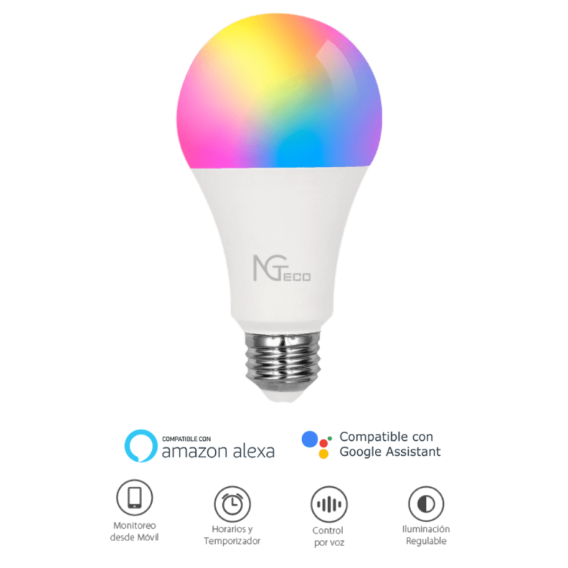 Foco Led Inteligente Wifi / Control Remoto Vía App / Control Por Voz / Color Regulable / 9W / Frecuencia Wifi Ngteco Ngl200 - ZKTECO