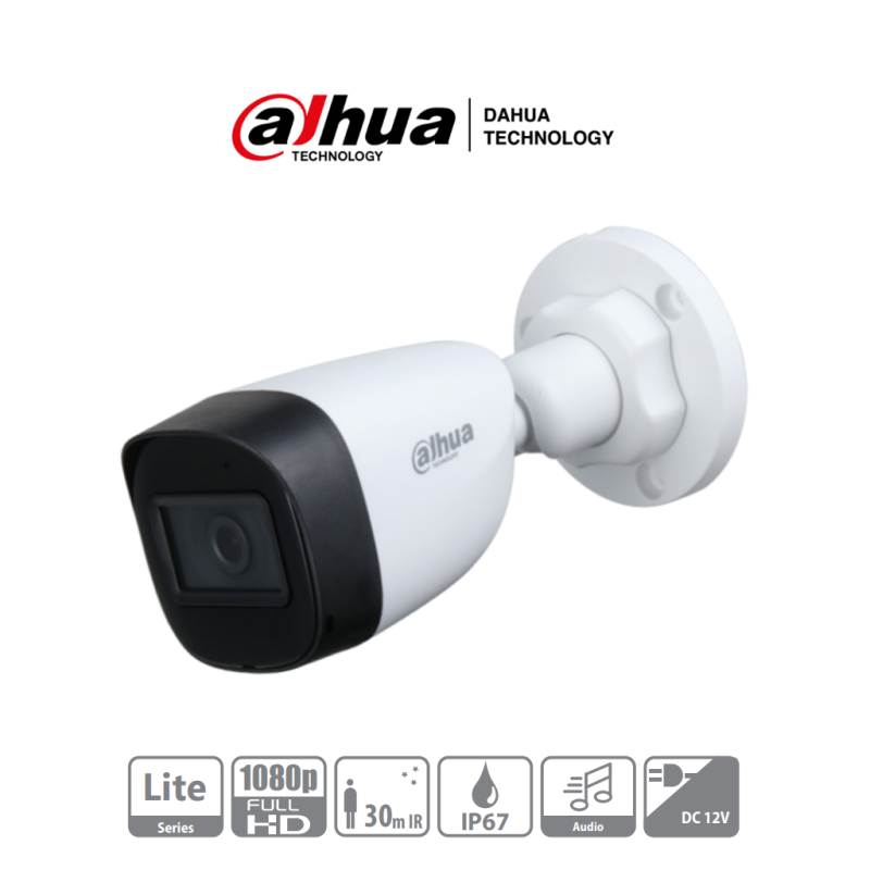 Camara dahua hac-hfw1200cn-a bullet 1080p lente 2.8mm microfono integrado 30mts ir policarbonato ip67 DAHUA