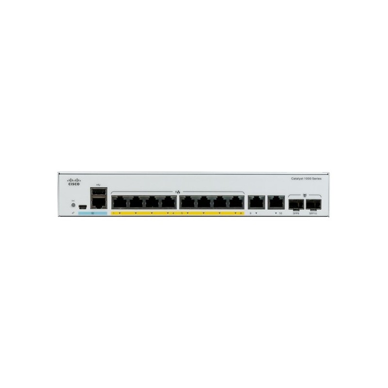 Switch Cisco Gigabit Ethernet Catalyst 1000, 8 Puertos Poe 10/100/1000 2 Puertos Sfp, 20 Gbit/S, 16.000 Entradas - Administrab CISCO