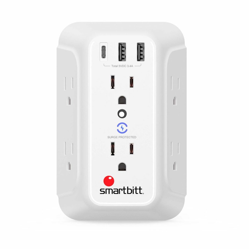 Supresor De Picos De Pared Smartbitt Sbss-Bw6-3u, 6 Contactos, 3x Usb, 1480j, 120v, Blanco 