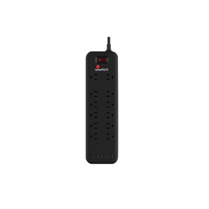 Supresor De Picos Smartbitt Sbss-B12-5u, 12 Contactos, 2 Usb, 1 Usb C, 3600 Jules, Negro 