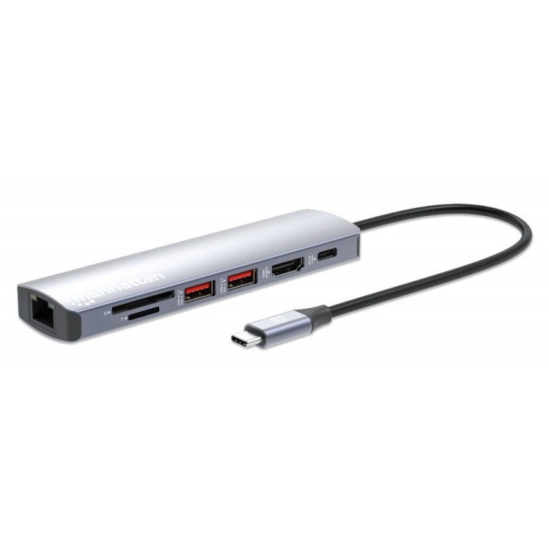 Hub Manhattan USB-C Macho - 2x USB-A, 1x USB-C, 1x HDMI 1x RJ-45, 1x SD, 1x, Micro SD, Gris 