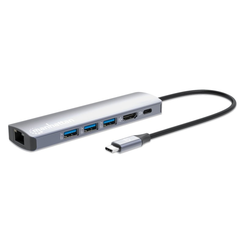 Hub Manhattan USB-C Macho - 3x USB 3.0, 1x USB-C, 1x HDMI 1x RJ-45, Gris 